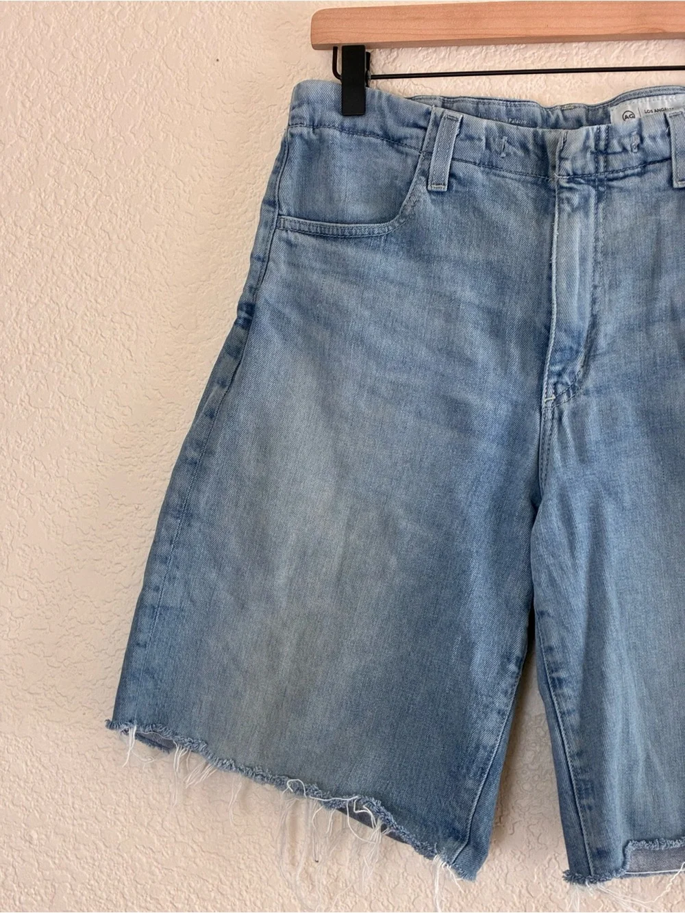 AG | Adriano Goldschmied hand cut frayed denim Bermuda long denim shorts size 29
